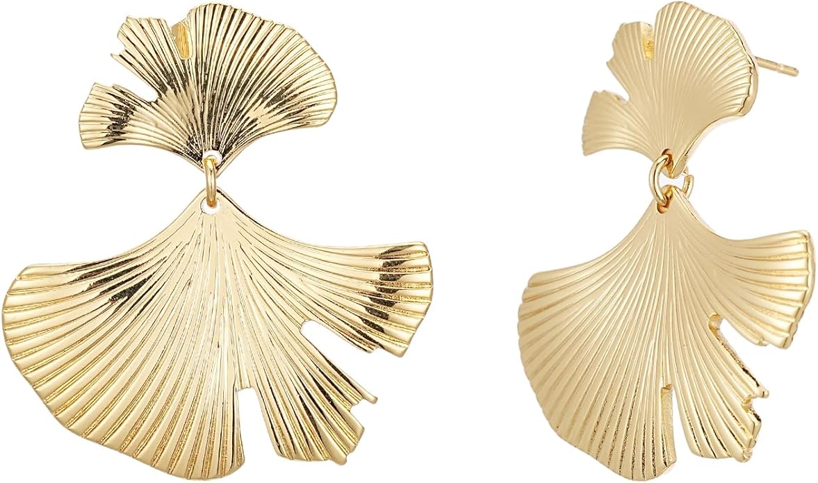 Large Gold Earrings for Women, Chunky Gold Statement Drop Dangle Earring Maple Leave Ginko Leaf Jewelry Gifts