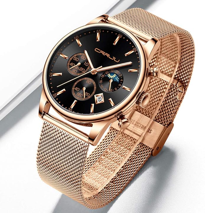 CRRJU Men's Fashion Casual Watches Auto Date Chronograph Watch Men Nice Work Watches Waterproof 30M Full Steel Quartz with Mesh Strap