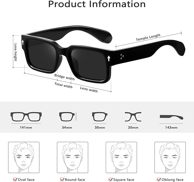 YDAOWKN Square Frame Sunglasses for Women Men Trendy Chunky Rectangle Sun Glasses Black Shades UV400 Protection