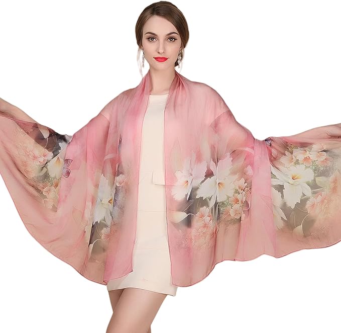 100% Mulberry Silk Women's Neck Silk Scarf-Lightweight Shawl,FLoral Print Beach Silk Wrap-Scarves for Photography