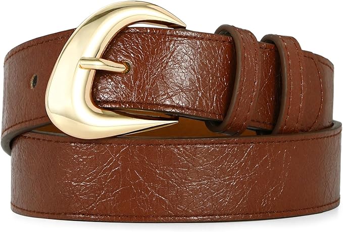 Women's Brown Belt Trend Belt with Gold Buckle Fashion Leather Waist Belt for Jeans Pants