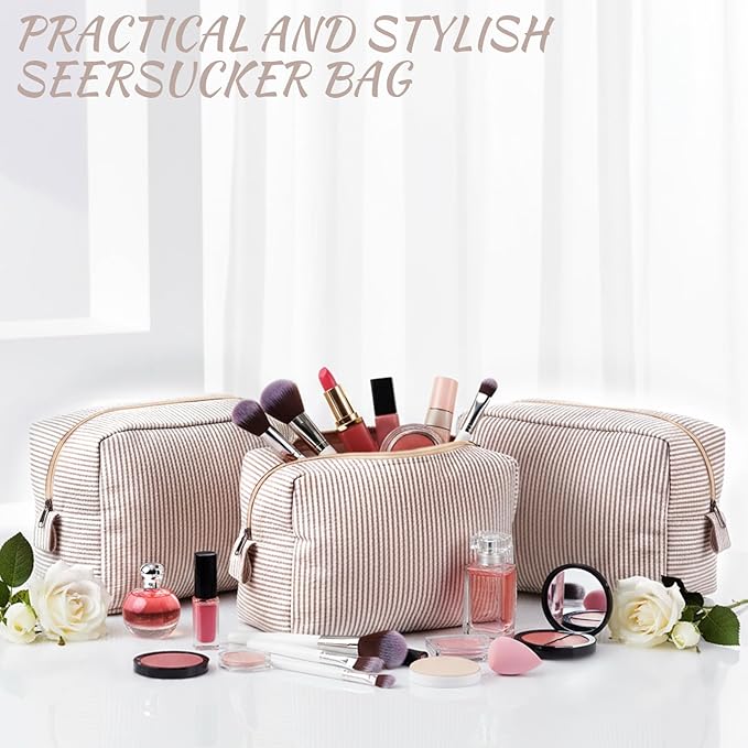 Sanwuta 3 Pcs Seersucker Makeup Bags Seersucker Cosmetic Bags Striped Women Large Travel Toiletry Organizer Preppy Storage Pouch for Embroidery Wedding Bridesmaid Gifts(Khaki)