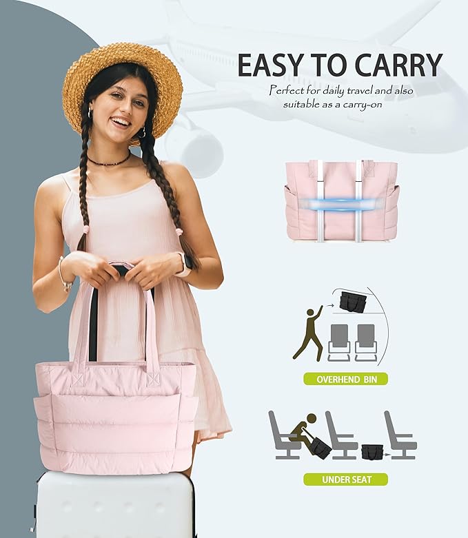 Puffer Tote Bag for Women, Cute Quilted Carryall with Zippered Compartments Shoulder Bag Handbag for Work, Travel, Gym