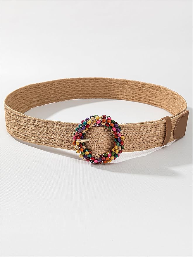 Verdusa Women's Western Belt Cowgirl Boho Straw Belts Round Buckle Elastic Waist Belt