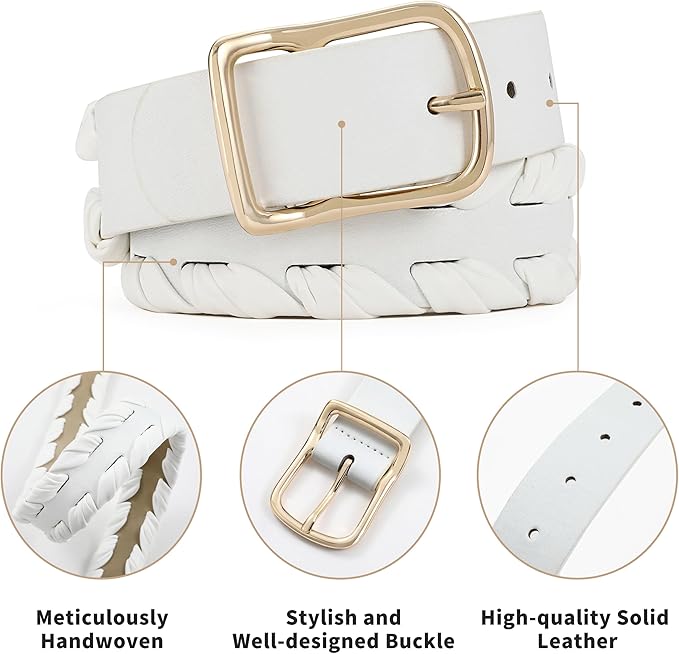Womens White Belts with Gold Buckle Leather Belts for Women Ladies Fashion Waist Belt