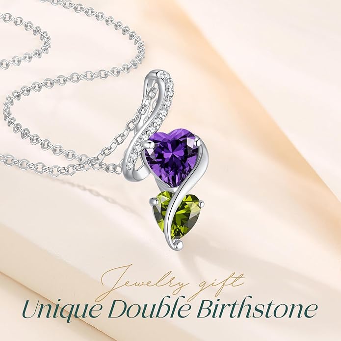 LOUISA SECRET Unique Double Heart Necklace Gifts for Wife Women, 925 Sterling Silver Tiny Birthstone Pendant Jewelry Gift for Her Girlfriend Mom Valentine's Day Anniversary Mother's Day Birthdays & Christmas