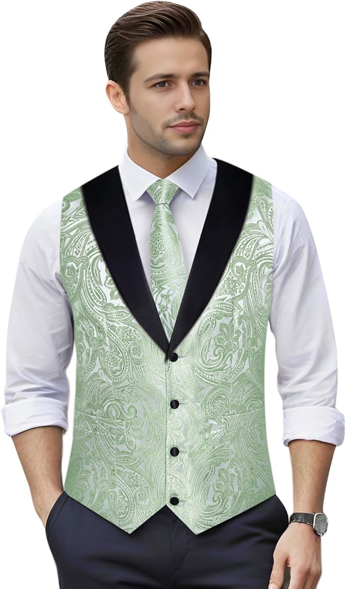 DiBanGu Mens Paisley Suit Vest Silk Jacquard Waistcoat and Necktie Set Formal Shawl Collar Dress Vest 7PCS for Wedding Party