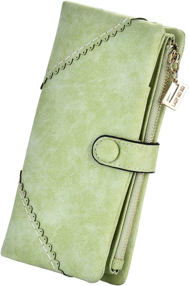 Women's Genuine Leather Bifold Clutch Wallet Large Capacity Card Organizer with Buckle Closure in Candy Colors (Light Green)