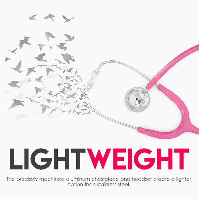 MDF Instruments, Acoustica Lightweight Stethoscope for Doctors, Nurses, Students, Home Health Use, Adult, Dual Head, Fuchsia Tube, Silver Chestpiece-Headset, MDF747XP32