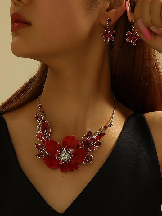 Chunky Statement Jewelry Set Vintage Retro Leaf Flower Floral Geometric Bohemian Boho Bib Necklace Earring Set Fashion Costume Jewelry for Women Girls Wedding Party Prom Unique Gift