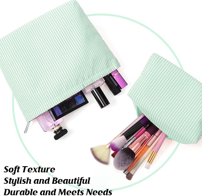 2 Pieces Makeup Bag Set Cute Cosmetic Pouch for Women Seersucker Travel Toiletry Bag Preppy Small Makeup Purse Pouch Aesthetic Skincare Brushes Storage Organizer for Christmas Women(Green)