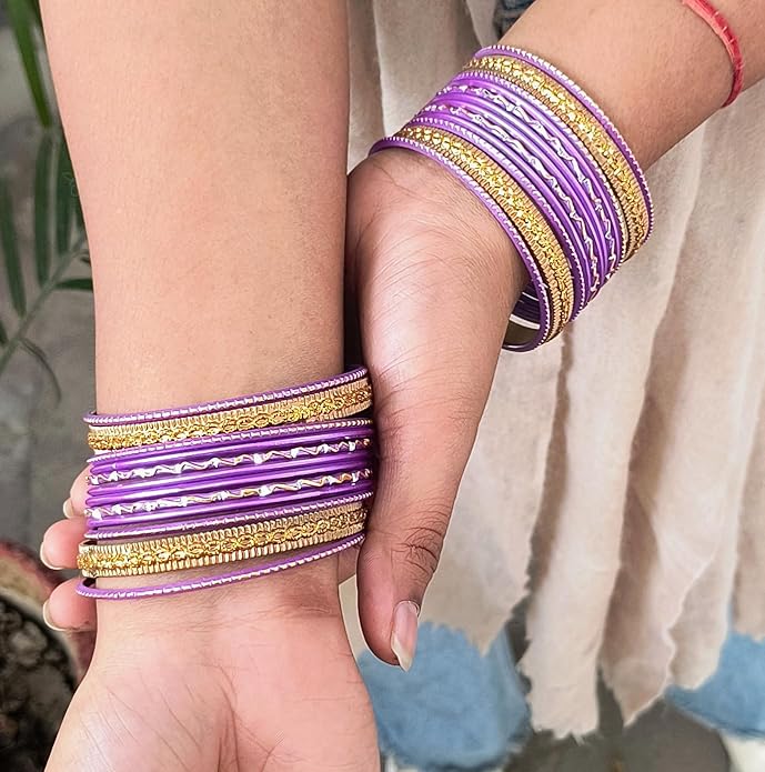 Touchstone Indian Metal Bangles for Women Gold Alloy Bracelets desi 2 Dozen Bangle Collection Bollywood Women's Jewelry Set Multi Stacking Wide Chunky Textured Golden Set of 24 in Gold or White Tone