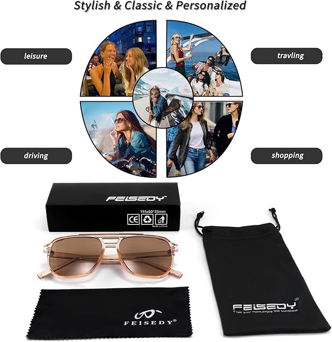 FEISEDY Retro Square Aviator Sunglasses Women Men 70s Vintage Trendy Plastic Frame Sun Glasses B2835