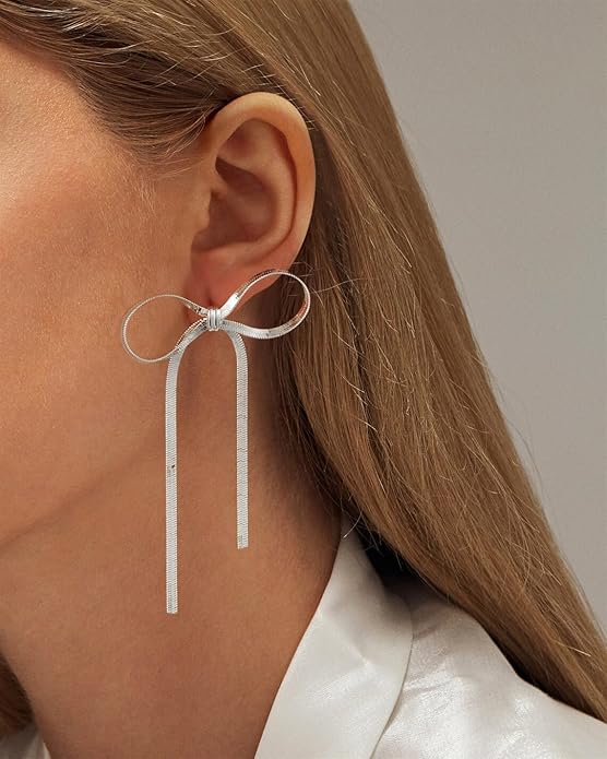 ASCOMY Gold Stud Earrings for Women - Dainty Bow 14K Gold/Silver Plated Pearl Earrings - Trendy Cute Ribbon Minimalist Jewelry Gifts for Her