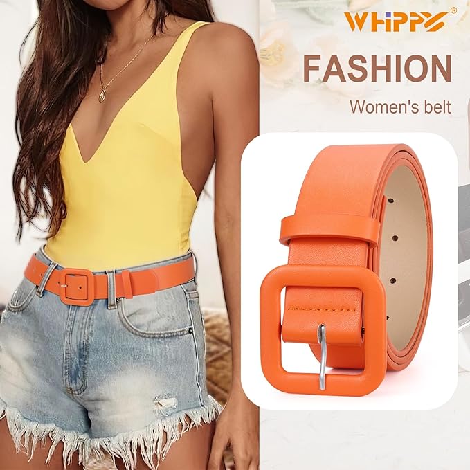WHIPPY Women Leather Belt Candy Color Fashion Square Buckle Belt Ladies Belt for Jeans Pants Dresses