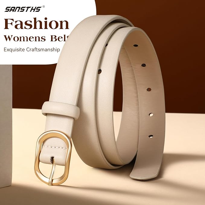 SANSTHS Women Belt for Jeans with Gold Oval Buckle, Thin Belt for Dresses Pants, Adjustable Waist Belt for Daily Fashion