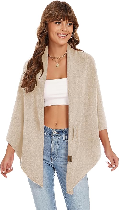 iWoo Women Soft Shawl Wraps kintted Open Front Poncho Sweater for Spring Fall Winter