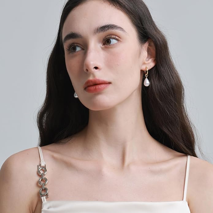 14k Gold Plated Lightweight Pearl Earrings,Trendy Jewelry,Teardrop Hoop Earrings for Women,Pearl Drop Earrings,Elegant Jewelry for Gifts