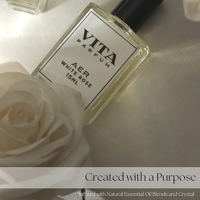 Vita Parfum Rose Perfume Oil, Long Lasting, Vibrant White Rose Fragrance blended with Apple, Geranium and Musk Note with Quartz, Vegan and All Natural Perfume for Women, Mother's Day - 15 ml