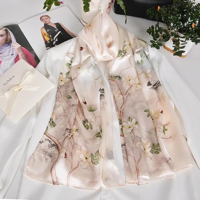 100% Mulberry Silk Scarf for Women Neck Oblong Headscarves Long Floral Print Lightweight Silk Wraps Shawls 67"*20"