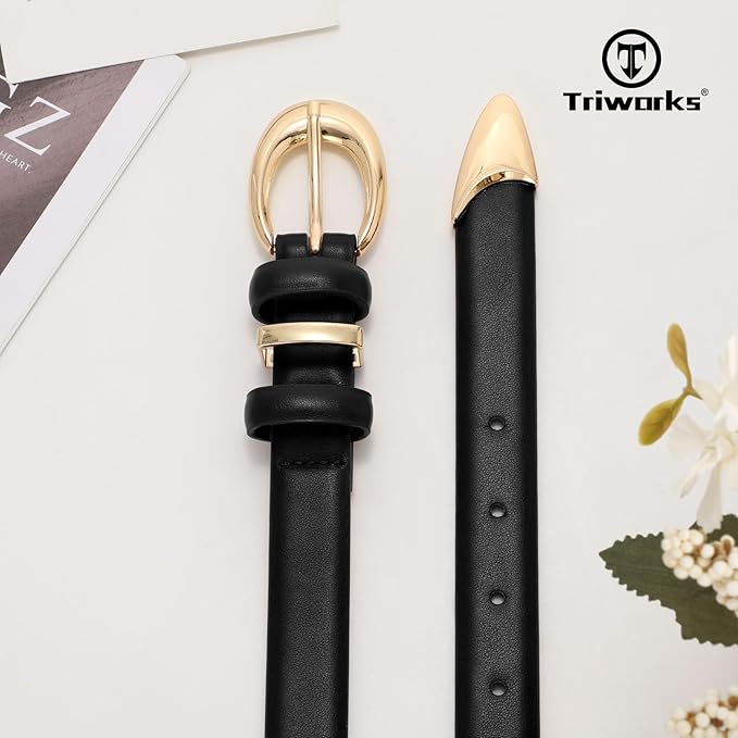 TRIWORKS Women Leather Belt for Jeans Pants Fashion Ladies Skinny Faux Leather Dress belt with Gold Buckle