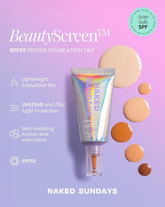 Naked Sundays BeautyScreen™ SPF 50 Peptide Foundation Tint – Tinted Sunscreen & Skincare Makeup with Zinc Oxide, Niacinamide – Lightweight Natural Coverage,1 Fair Neutral, 1.01 oz