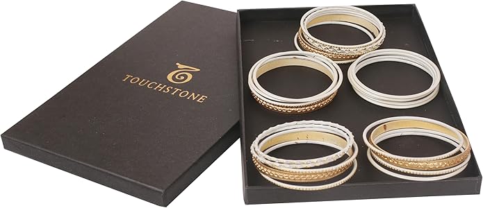 Touchstone Indian Metal Bangles for Women Gold Alloy Bracelets desi 2 Dozen Bangle Collection Bollywood Women's Jewelry Set Multi Stacking Wide Chunky Textured Golden Set of 24 in Gold or White Tone