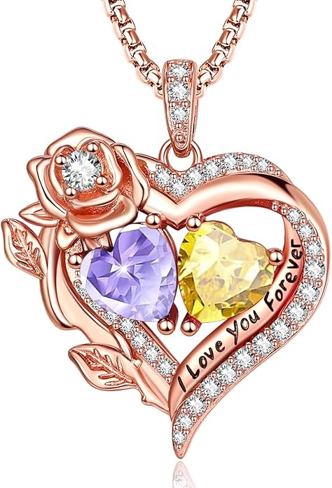 Rose Heart Necklaces for Women, Rose Gold Forever Love Jewelry with 2 Birthstones Pendant, Christmas Anniversarry Birthday Gifts for Her Wife Mom Grandma, 18+2 Inch Chain