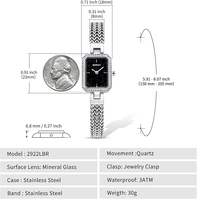 BERNY Silver Watches for Women Ladies Wrist Watch and Bracelet Set Dainty Quartz Bracelet Watch Premium Crystal Accented Fashion Luxury Birthday Present for Women