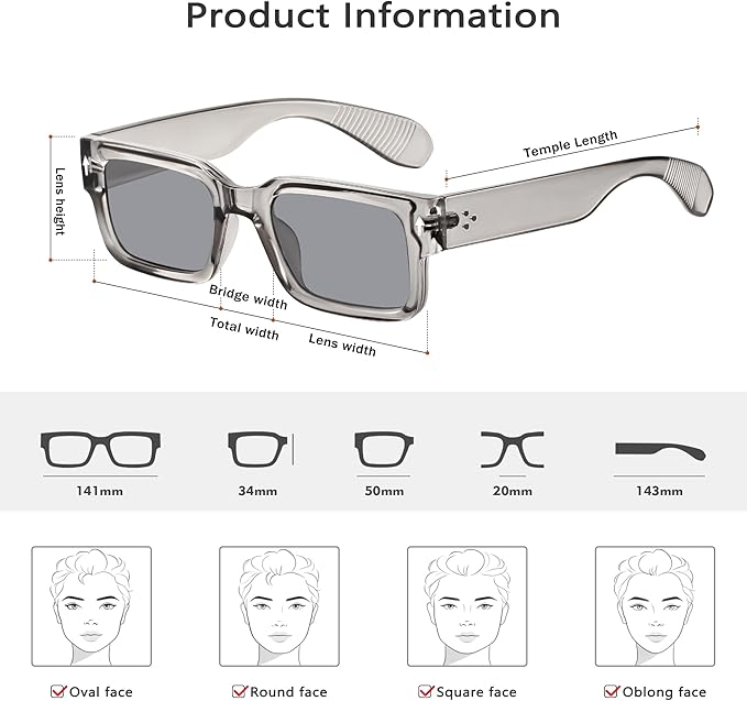 YDAOWKN Square Frame Sunglasses for Women Men Trendy Chunky Rectangle Sun Glasses Black Shades UV400 Protection