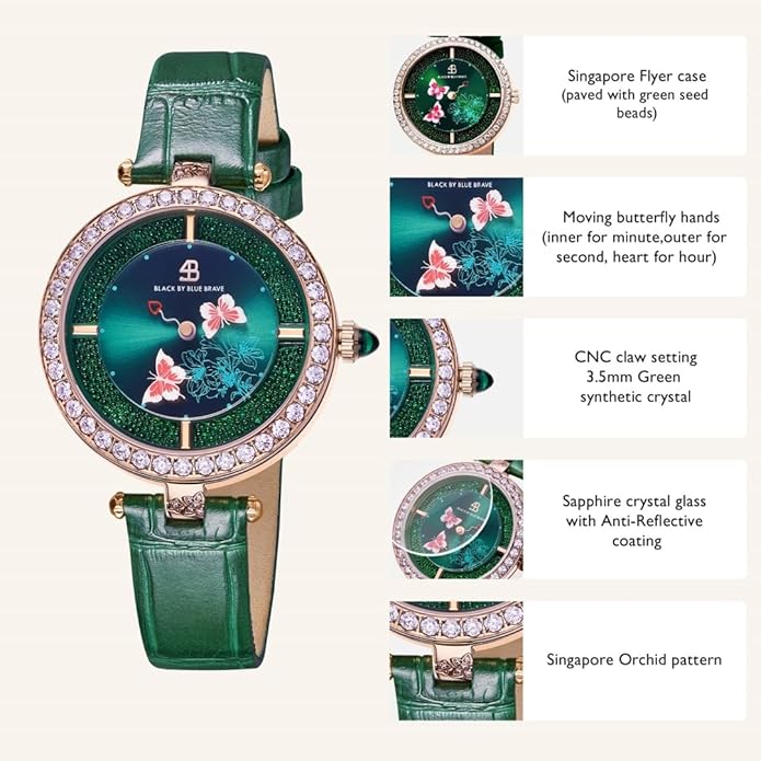 Women's Watch Butterfly Watches for Women Moving Butterflys Hands with Genuine Leather Strap Bee Watches for Women BLACK BY BLUE BRAVE Butterfly Lovers, Sapphire Crystal Glass combining Cubic Zirconia Stones and 3.5mm Synthetic Crystal Women's Wrist Watch