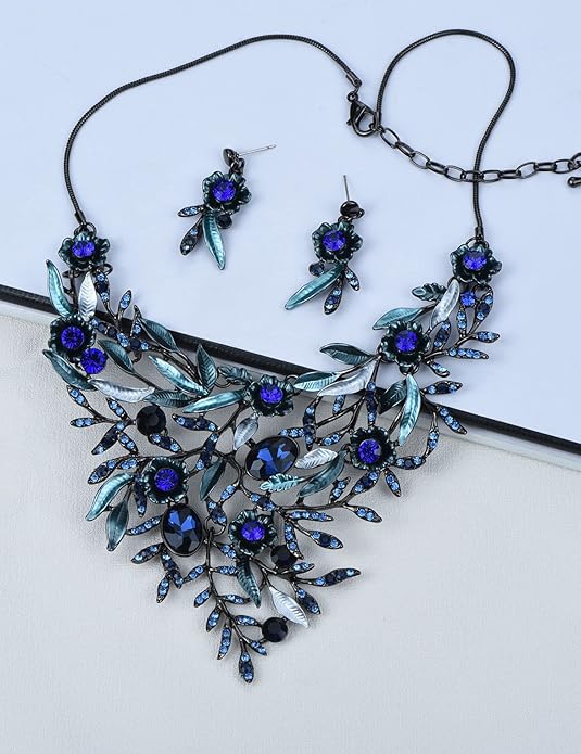 Vintage Women Beautiful Crystal Flower Enamel Blossom Flower Collar Bib Statement Necklace and Earrings Set for Women Wedding Bridal Prom