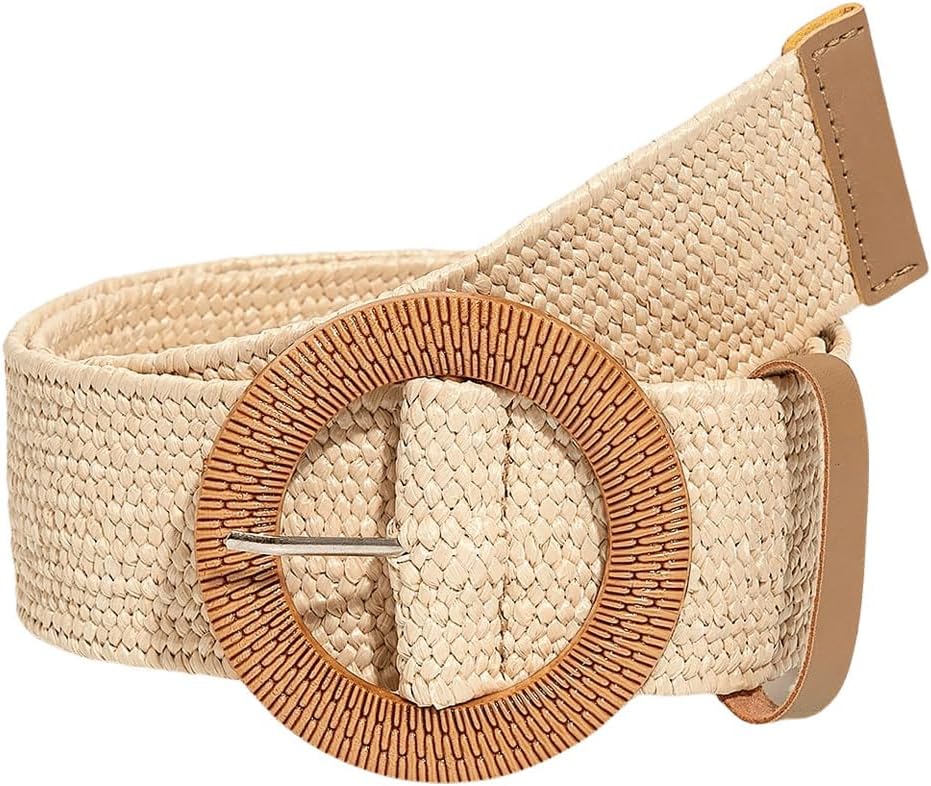 Verdusa Women's Western Belt Cowgirl Boho Straw Belts Round Buckle Elastic Waist Belt