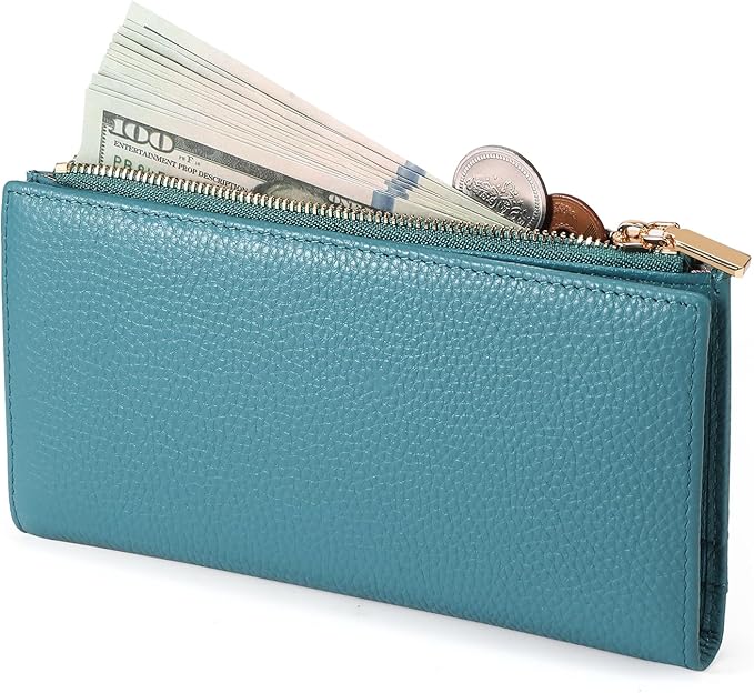 Slim Blue Wallet for Women, RFID Blocking Genuine Leather Bifold with Secure Zippered Coin Pocket (Blue)