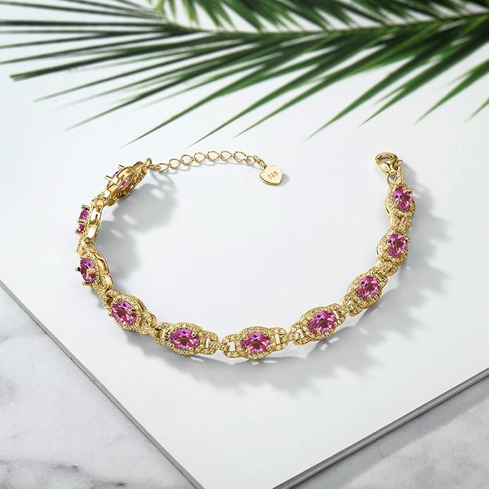 Gem Stone King 18K Yellow Gold Plated Silver Oval Gemstone Birthstone Tennis Bracelet For Women | Oval 6X4MM | 7 Inch With 1 Inch Extender | Fine Jewelry Gifts for Her Mom Women Wife