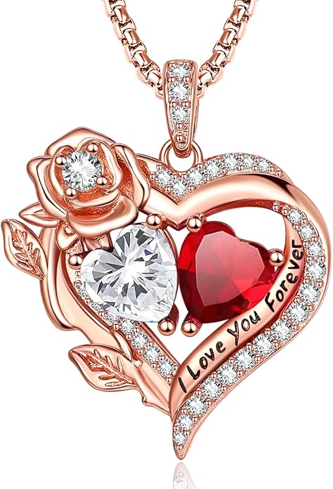 Rose Heart Necklaces for Women, Rose Gold Forever Love Jewelry with 2 Birthstones Pendant, Christmas Anniversarry Birthday Gifts for Her Wife Mom Grandma, 18+2 Inch Chain