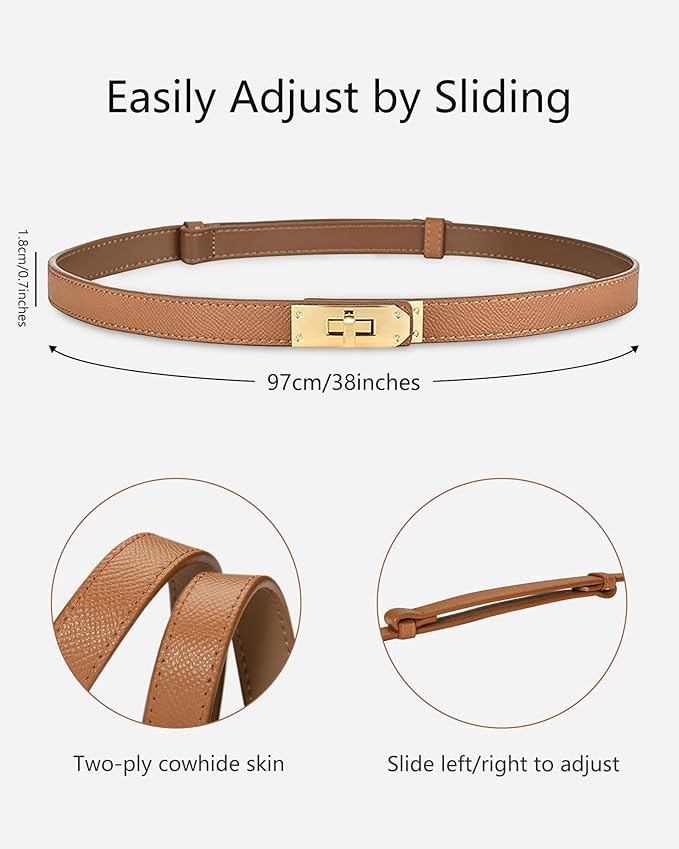 Women's Skinny Leather Belt with Adjustable Silver Turn-Lock Buckle - Ideal for Dresses, Jeans, and Coats, Black