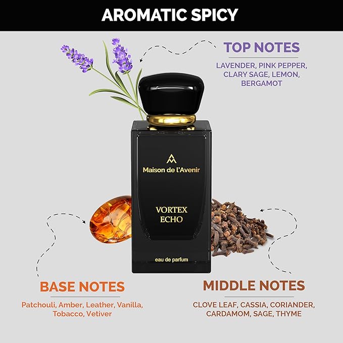 Maison de l'Avenir Vortex Echo Eau de Parfum for Men & Women, Unisex Aromatic Spicy Fragrance, Natural & Essential Oils, Long-Lasting Cologne Perfume, 100 ml (3.4 fl oz)