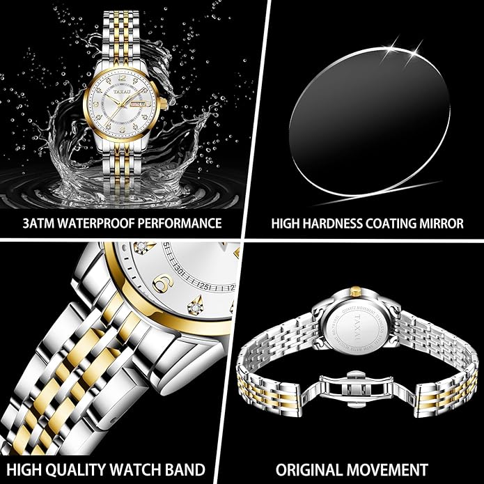 Gold Silver Two Tone Women Stainless Steel Watch Small Wrist ElegantDress Watch for Women Fashion Luxury Waterproof Day Date Analog Quartz Ladies Watches