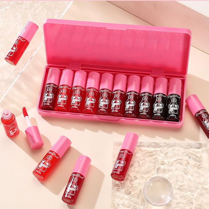 10 Pcs Lip Tint Set Cute Glossy Lip Stains and Matte Lipsticks with Long-lasting and Quick-drying Mini Lip Gloss Lipstick for Makeup Gift (Rabbit, Lip Gloss)
