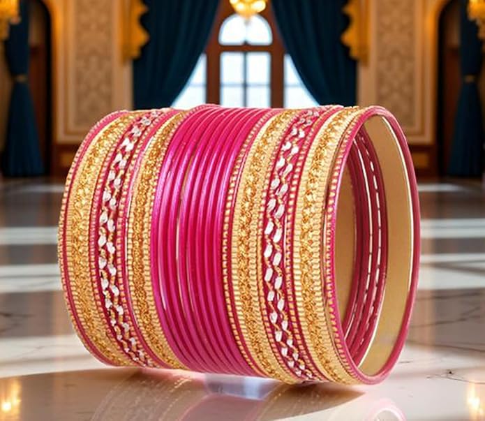 Touchstone Indian Metal Bangles for Women Gold Alloy Bracelets desi 2 Dozen Bangle Collection Bollywood Women's Jewelry Set Multi Stacking Wide Chunky Textured Golden Set of 24 in Gold or White Tone