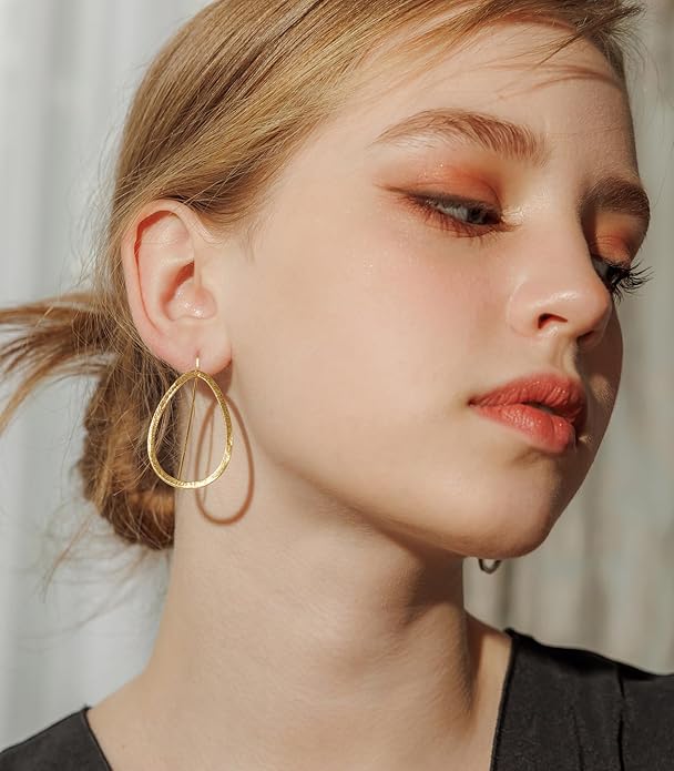 OZEL Gold Dangle Earrings for Women Brushed Finish, Matte Gold Statement Jewelry, 14k Gold Plated