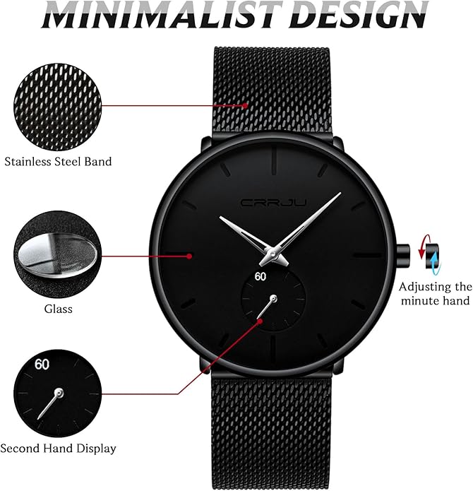 Mens Watches Ultra-Thin Minimalist Waterproof - Fashion Wrist Watch for Men Unisex Dress with Stainless Steel Mesh Band