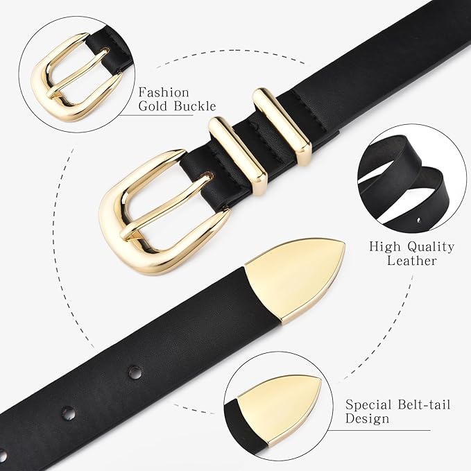 Reversible 1.3" Leather Belt for Women - Vintage Silver Buckle Fashion Belt for Jeans and Dresses