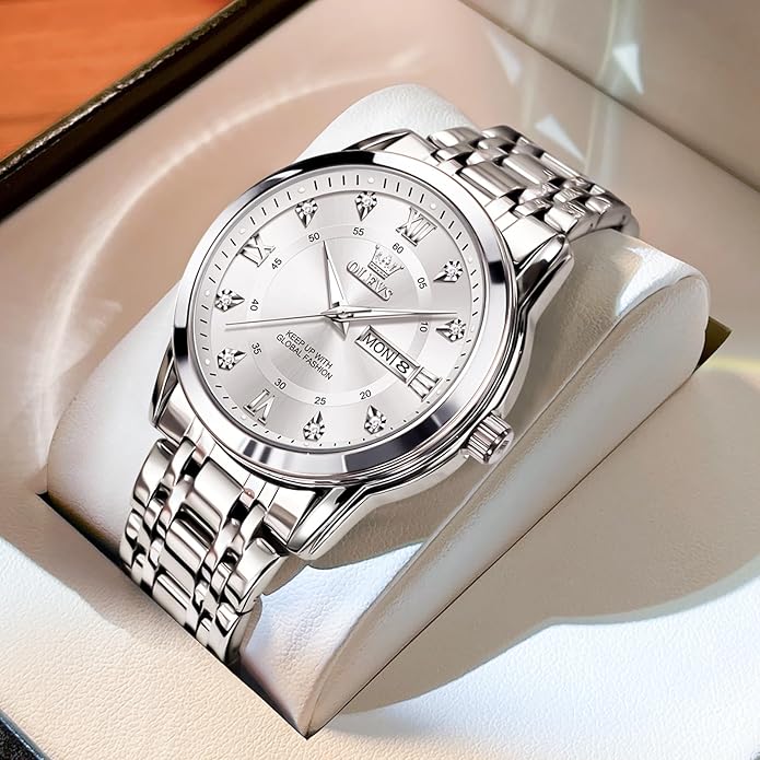 OLEVS Men's Stainless Steel Watch, Large Face Roman Numerals Diamond Accented Three-Hand Analog Quartz Watches for Men, Easy to Read Day Date Waterproof Luminous Mens Wristwatch