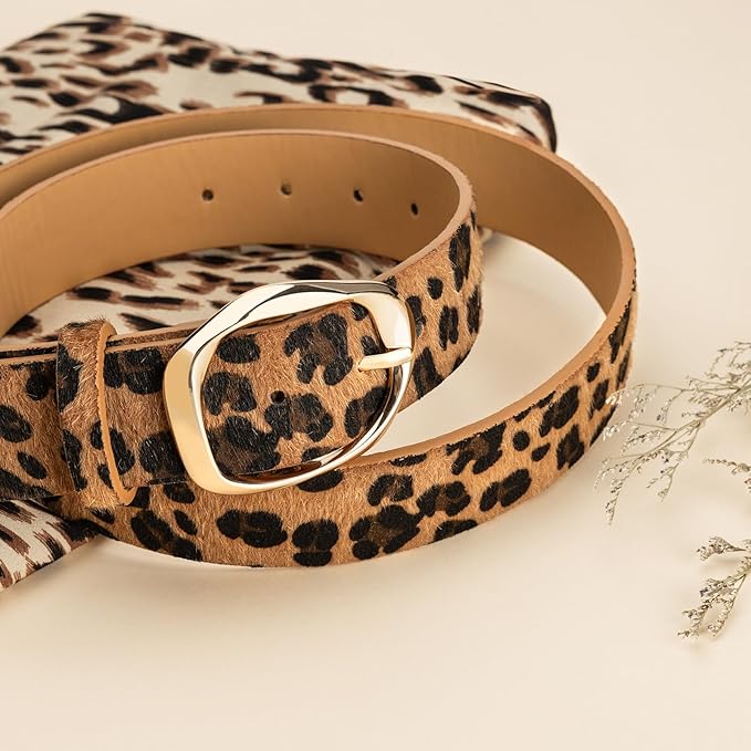 Women’s Leopard Print Leather Belts for Women, Cheetah Print Belt with Gold Buckle, Width 1.46"