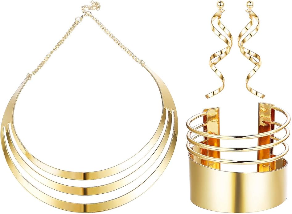 JOERICA Bib Choker Necklace Set for Women Wide Cuff Bangle Bracelets Long Statement Dangle Earrings African Costume Jewelry Set