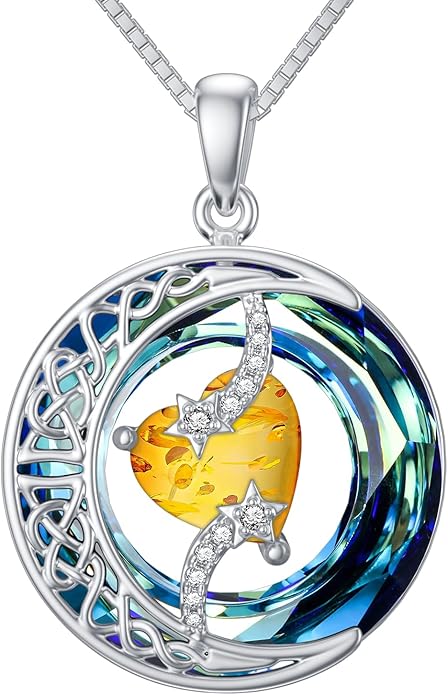 TOUPOP Birthstone Necklace 925 Sterling Silver Moon and Star Pendant with Blue Crystal Celtic Moon Jewelry Birthday Valentines Day Gifts for Women Mom Wife Her