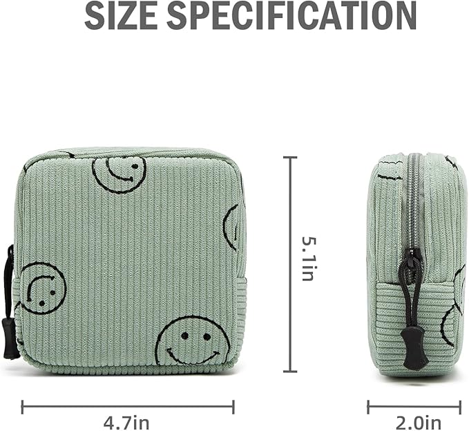 Small Makeup Bag for Purse,Mini Cosmetics Bag cute Zipper corduroy Cosmetic Pouch Storage Pouch Travel Toiletry Organizer for Women Girls(Smiley Face,Green)