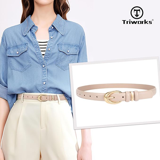 TRIWORKS Women Leather Belt for Jeans Pants Fashion Ladies Skinny Faux Leather Dress belt with Gold Buckle